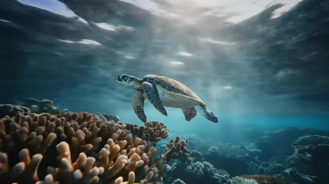 Sea turtle swimming peacefully in beautiful coral reef underwater with sun rays shining through water footage.