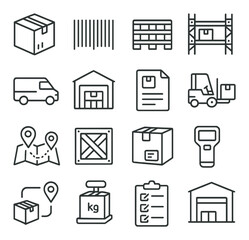 Warehouse and logistics line art icons. shipping box, barcode, pallet icon, storage rack, delivery van, warehouse building, inventory sheet, forklift, logistics map, crate icon,