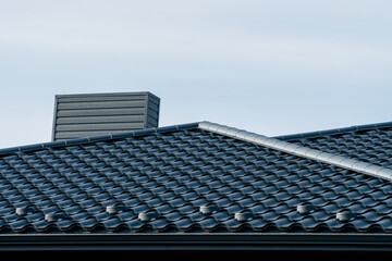 Rooftop features intricate tile patterns with metallic accents, highlighting durable roofing...