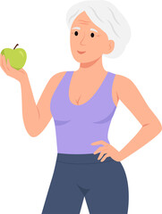 Happy senior fitness woman holding green apple.Healthy lifestyle and healthy food concept.Vector Illustration