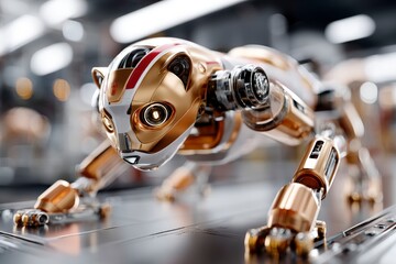 Obraz premium Sleek gold robotic cat prowls ultra-modern high-tech factory floor, showcasing AI-powered feline design, high-precision robotics, cutting-edge automation, and luxury innovation.