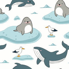 Cute sea lions on ice floes, baby whales and seagulls among the sea and seaweed. Seamless pattern.