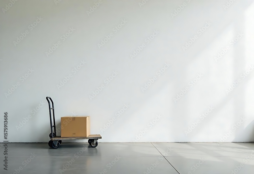 Aufkleber generative ai cardboard box on dolly in empty room with sunlight