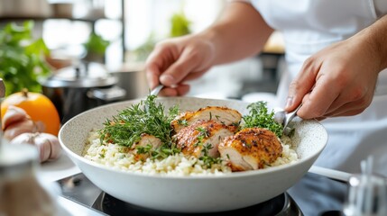 Chef Skillfully Preparing Delicious Chicken with Rice in Gourmet Bowl