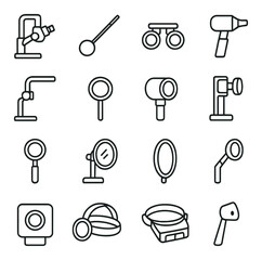 Medical lenses line art icons. surgical microscope lens, endoscope lens, dental loupe, otoscope lens, operating lens, inspection mirror, dermatoscope lens, slit lamp lens, retinal