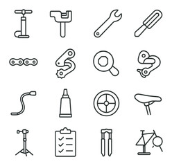 Obraz premium Bicycle maintenance line art icons. tire pump, chain tool, pedal wrench, hex key set, bike chain, derailleur, spoke wrench, gear shifter, brake cable, grease tube, bike tire,