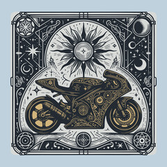 the sun behind the wheels, racing motorcycle in vibrant vector for concept cards