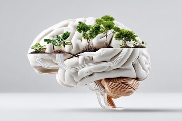 3D brain model showcasing green tree-lined neural pathways symbolizing neuroplasticity, cognitive growth, sustainable innovation, environmental neuroscience, mental wellness, mindful development.