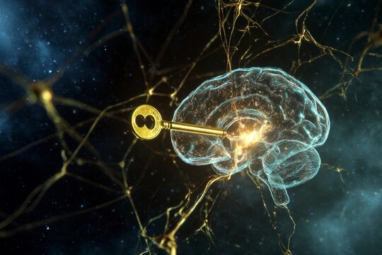 Gold key unlocking brain?s neural pathways, symbolizing neuroscience innovation in cognitive enhancement, performance optimization, neurotechnology breakthroughs and brain health solutions.