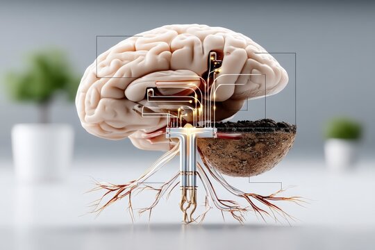 Neural network visualization illustrates brain growth, AI integration, rooted intelligence in soil, neuroscience technology connecting organic structure with digital circuitry.