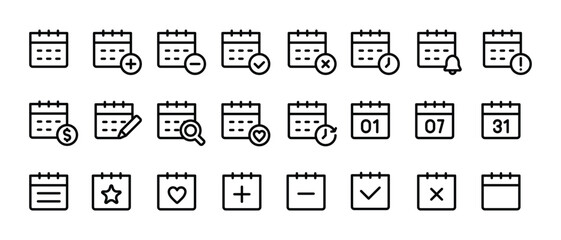 Minimalist calendar icon set for scheduling, reminders, event planning, deadlines, and productivity apps. Editable line vector for UI, UX, and digital use.
