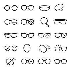 Eyewear lenses line art icons. reading glasses lens, sunglasses lens, contact lens, bifocal lens, progressive lens, photochromic lens, magnifying glass, safety goggles lens, sports
