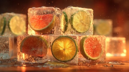 Captivating stack of transparent ice cubes showcasing vibrant citrus fruits, illuminated by warm studio lighting and glistening with condensation