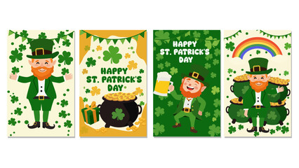 Obraz premium Cheerful St. Patrick's Day Vector Card Collection - Leprechauns, Pots of Gold & Shamrocks