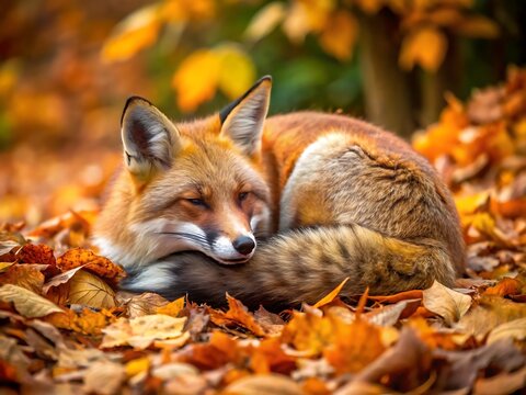 A red fox is curled up asleep in a pile of colorful autumn leaves