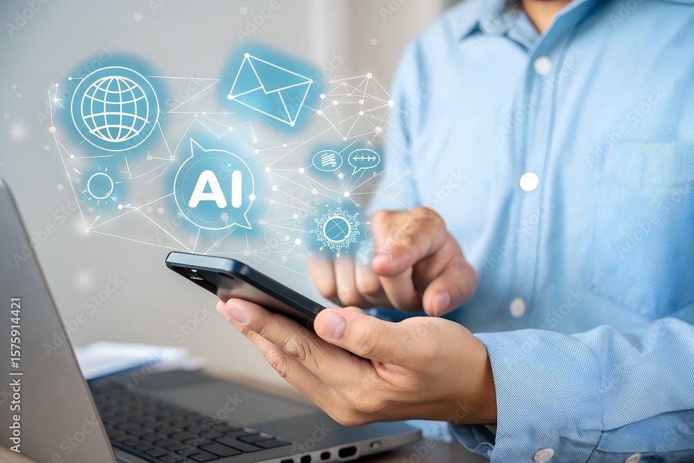 Aufkleber a person uses a smartphone to engage with artificial intelligence, displaying digital communication 