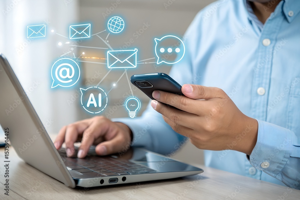 Poster hands operate a laptop and mobile phone, displaying a global network of digital communication, email