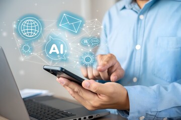 A person uses a smartphone to engage with artificial intelligence, displaying digital communication networks, global reach, and innovative technology.