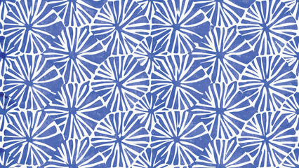 Blue and white floral design with radiating petals forming circular patterns in an overlapping layout
