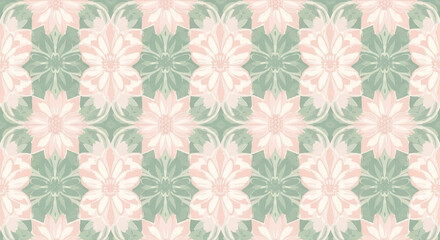Repeating floral pattern with alternating pink and green flowers and foliage in a symmetrical arrangement.