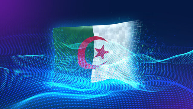 Algeria A futuristic digital background merging with a national flag symbol, representing the concept of technology, innovation, and digital transformation while preserving cultural identity.