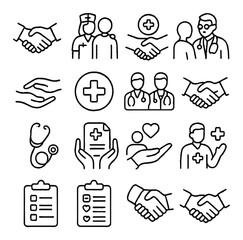 Medical Collaboration line art icons. doctor-patient handshake, nurse care, health agreement, medical consultation, support hand, cross symbol, healthcare teamwork, hospital