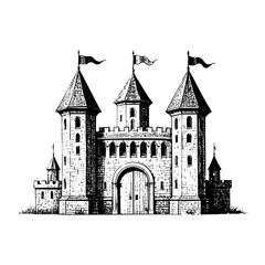 Obraz premium castle sketch engraving black and white outline. Scratch board imitation. illustrated in vintage line art style on a white background.