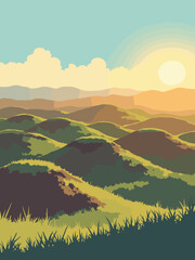 Chocolate Hills, Philippines – conical grassy mounds in warm brown, olive green, sunlit gold, and cerulean horizon