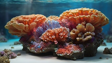 Vibrant coral reef exhibit in an aquarium tank.