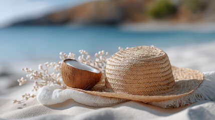 Coconut and straw hat on white sand.