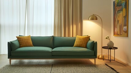 Scandinavian-inspired living room with emerald sofa and brass lamp – Ideal for furniture catalogs, home decor blogs, or minimalist lifestyle marketing.