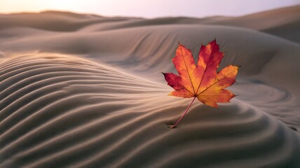 Crimson maple leaf on golden sand with autumn texture overlay – Perfect for seasonal greeting cards, nature photography, or abstract art features