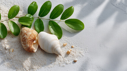 Tropical leaf and seashell on smooth white sand.