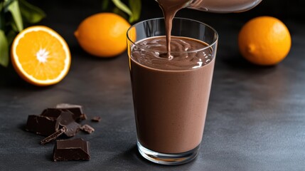 Decadent Chocolate Drink Garnished with Fresh Oranges on a Table
