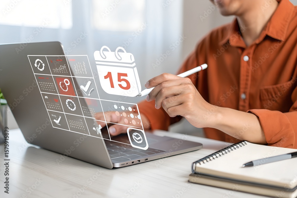 Poster a hand uses a stylus to manage a digital calendar and organize tasks on a laptop with an interactive