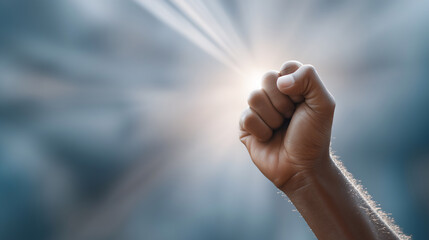 Hand raised with a bright light shining behind.