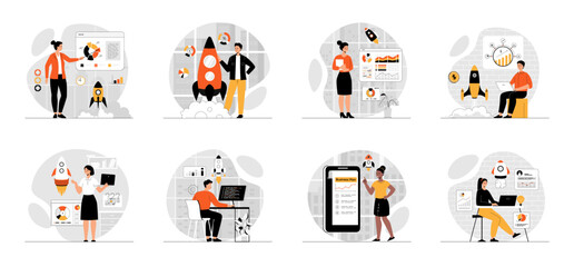 Bundle of Startup Business concepts with people scene in flat cartoon design. Collection work with men and women. Business people launches new project, analyzes data, success strategy. Vector 