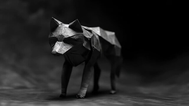 Origami wolf paper sculpture in shadowy scene