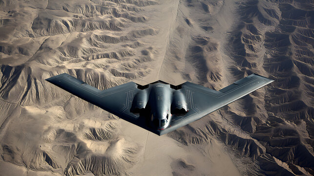 Stealth bomber flying over desert canyon landscape