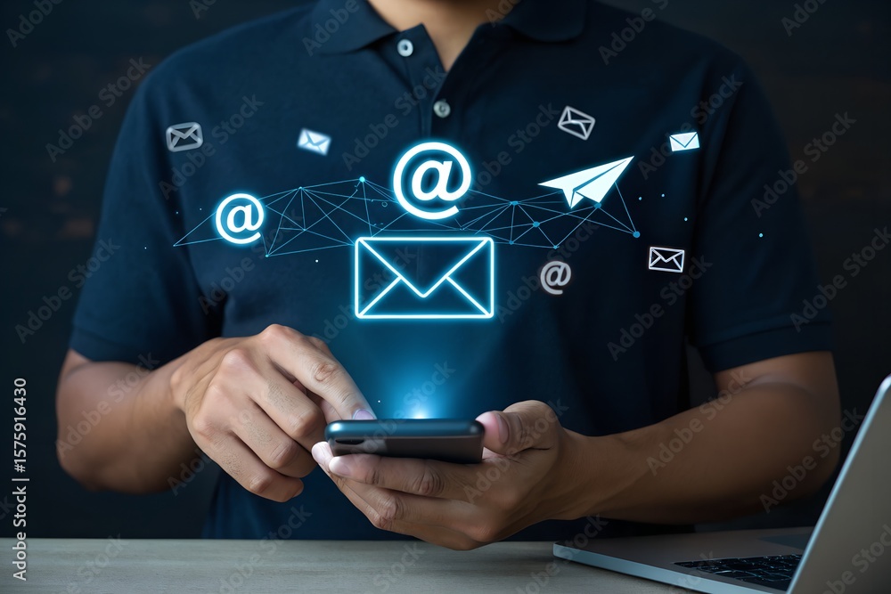 Poster a person interacts with a smartphone, sending digital messages and emails through a network of glowi