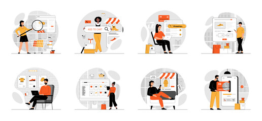 Bundle of Shopping Online concepts with people scene in flat cartoon design. Collection work with men and women. People choosing goods at store, ordering and paying online in app. Vector