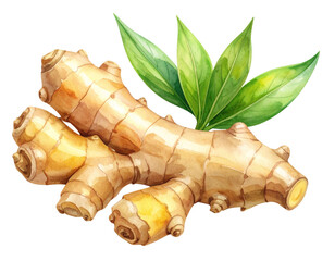 Watercolor Illustration of Ginger Root and Leaves – Transparent PNG