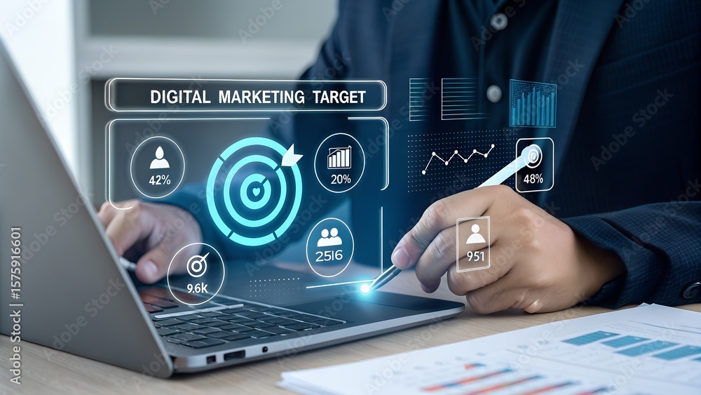 Poster a person is focusing on digital marketing goals and data analytics on a laptop, using a stylus to in