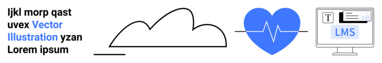 Cloud outline representing storage, blue heart with pulse line symbolizing health tracking and wellness, and monitor displaying LMS login page. Ideal for health tech, e-learning, fitness, software
