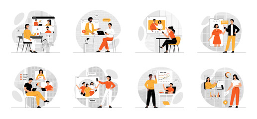 Bundle of Video Conference concepts with people scene in flat cartoon design. Collection work with men and women. People talking and discussing via virtual video chat. Vector illustration