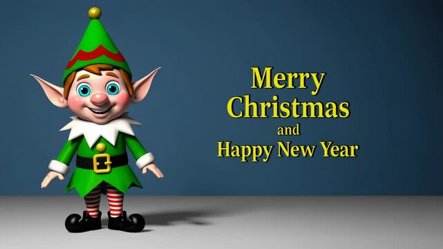Festive 3D elf dances beside classic gold &ldquo;Merry Christmas and Happy New Year&rdquo; text on a blue backdrop. A bright and cheerful animation suitable for holiday promos, video greetings, or corporate celeb