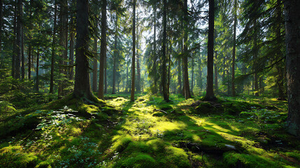 Obraz premium Sunlit Mossy Forest Floor with Tall Trees