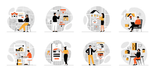 Bundle of Real Estate Online concepts with people scene in flat cartoon design. Collection work with men and women. People looking for apartment for rent or buy, signing lease contract and pays online