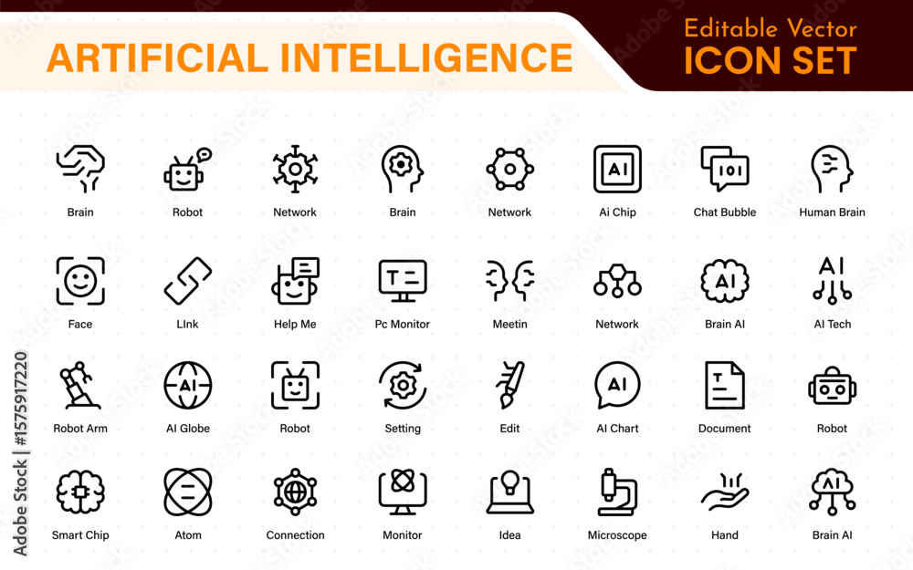 Fototapete Artificial Intelligence Essentials Vector Icon Pack. Machine Learning, Algorithms, Smart Devices, and Future Tech Symbols in Outline Design.
