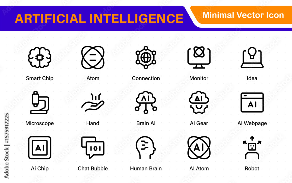 Poster artificial intelligence essentials vector icon pack. machine learning, algorithms, smart devices, an